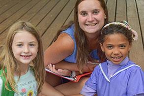 Staffer with two girls | summer camp jobs in New Jersey